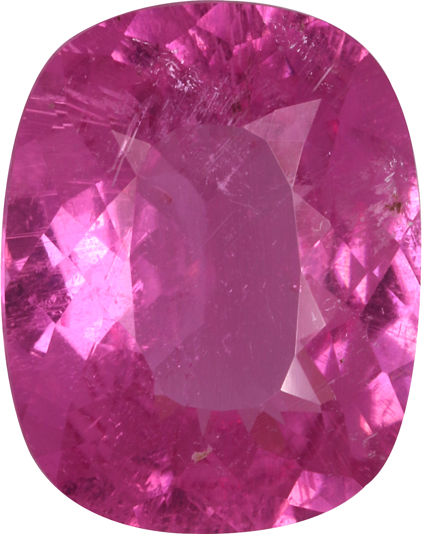 Cushion cut rubellite tourmaline, 13.36 by 10.55 mm, shown at actual size