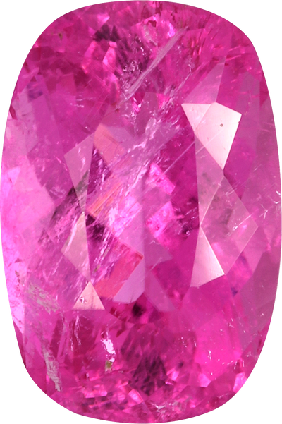 Cushion cut rubellite tourmaline, 10.37 by 6.96 mm, shown at actual size