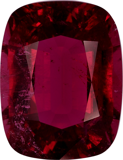 Cushion cut rubellite tourmaline, 16.57 by 12.73 mm, shown at actual size
