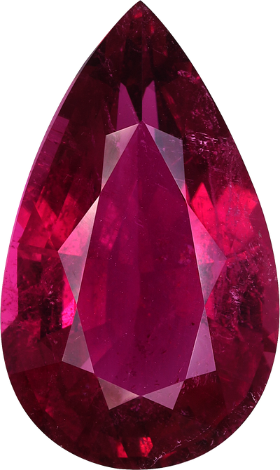 Pear cut rubellite tourmaline, 19.89 by 11.9 mm, shown at actual size
