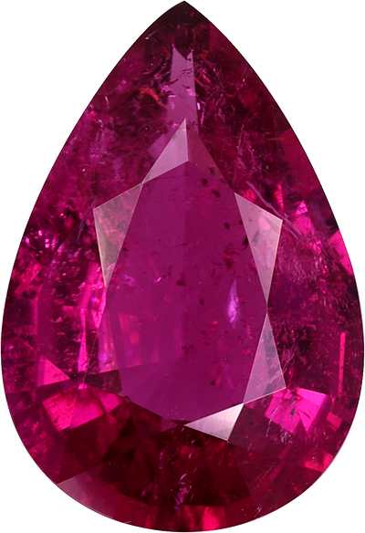 Pear cut rubellite tourmaline, 12.78 by 8.75 mm, shown at actual size