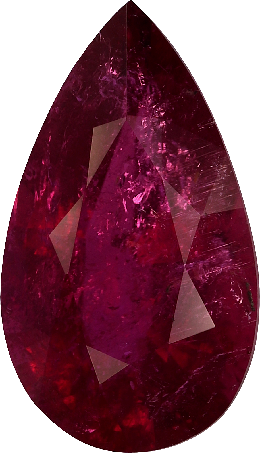 Pear cut rubellite tourmaline, 16.88 by 9.78 mm, shown at actual size