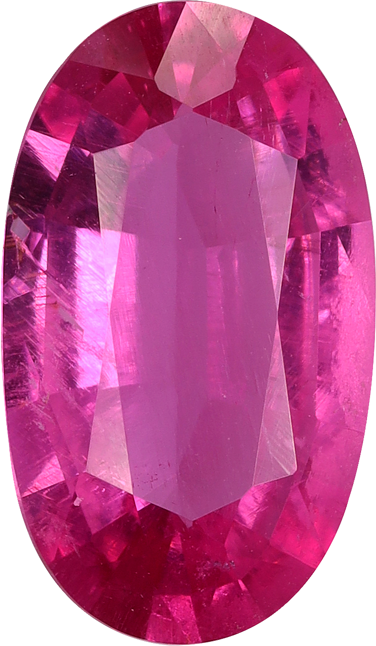 Oval cut rubellite tourmaline, 11.53 by 6.76 mm, shown at actual size