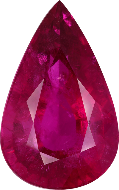Pear cut rubellite tourmaline, 32.55 by 21.15 mm, shown at actual size