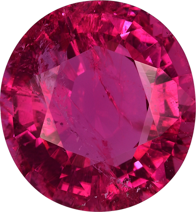 Oval cut rubellite tourmaline, 10.48 by 9.78 mm, shown at actual size