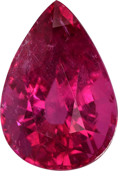 Pear cut rubellite tourmaline, 12.23 by 8.38 mm, shown at actual size