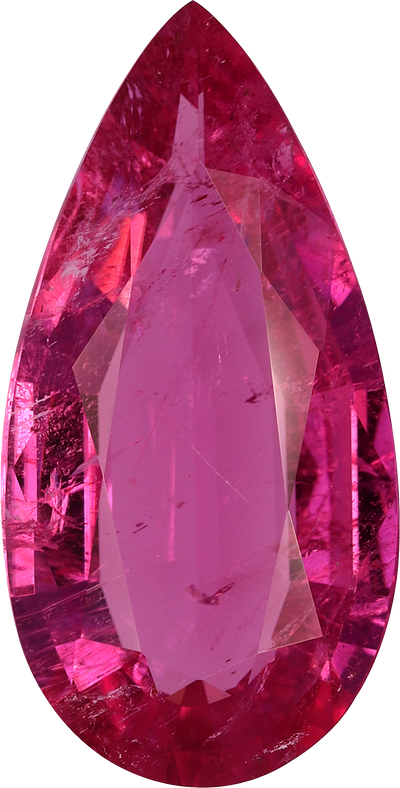 Pear cut rubellite tourmaline, 20.91 by 10.59 mm, shown at actual size