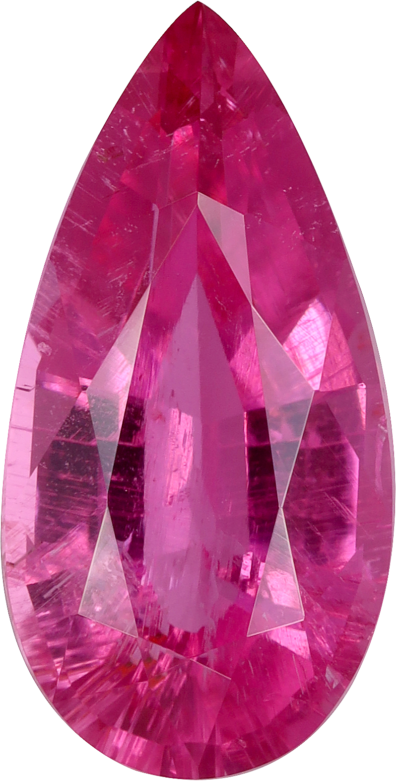 Pear cut rubellite tourmaline, 13.71 by 7.02 mm, shown at actual size