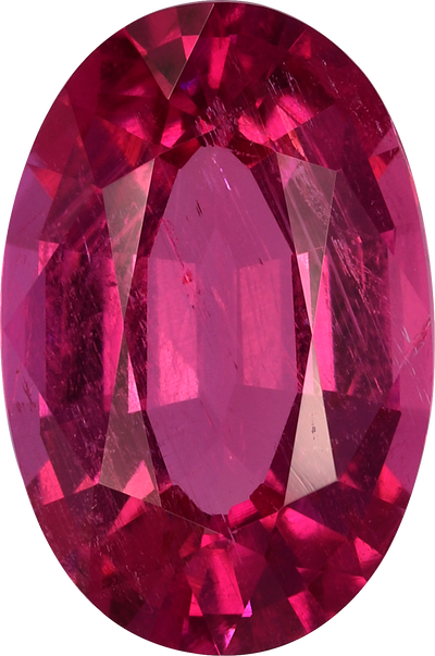Oval cut rubellite tourmaline, 12.54 by 8.33 mm, shown at actual size