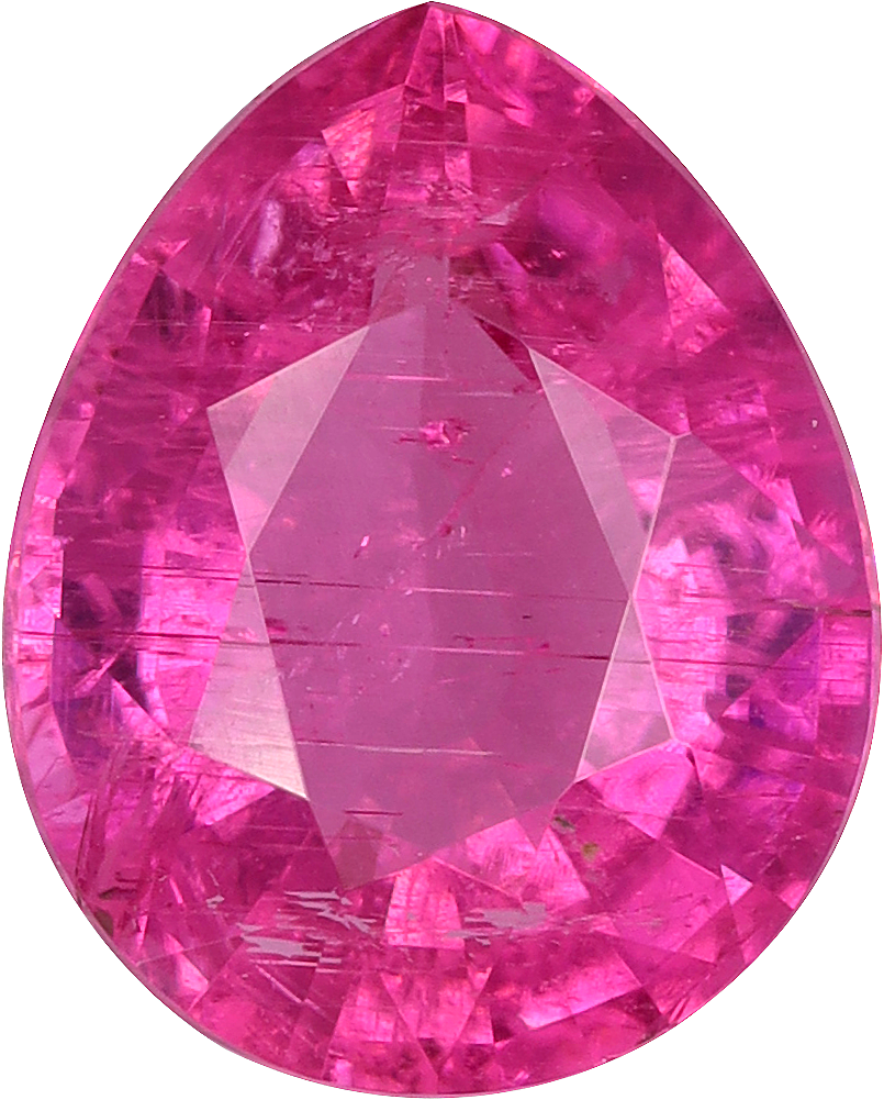 Pear cut rubellite tourmaline, 8.94 by 7.24 mm, shown at actual size