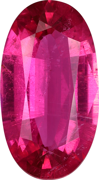 Oval cut rubellite tourmaline, 11.72 by 6.49 mm, shown at actual size