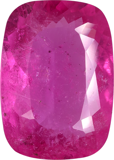 Cushion cut rubellite tourmaline, 18.12 by 12.9 mm, shown at actual size