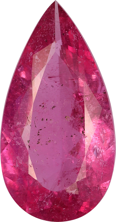 Pear cut rubellite tourmaline, 17.26 by 9 mm, shown at actual size