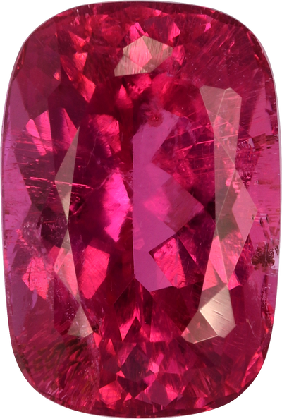Cushion cut rubellite tourmaline, 12.7 by 8.59 mm, shown at actual size