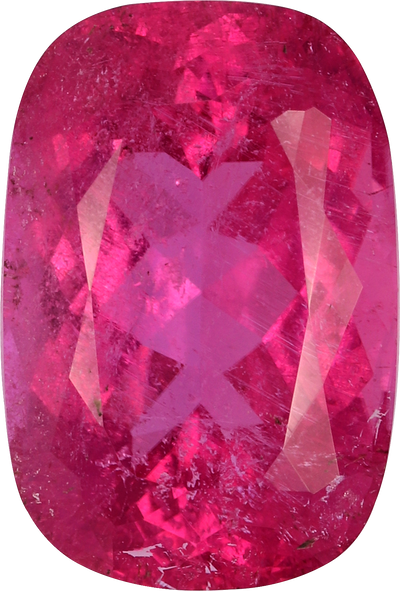 Cushion cut rubellite tourmaline, 12.81 by 8.68 mm, shown at actual size