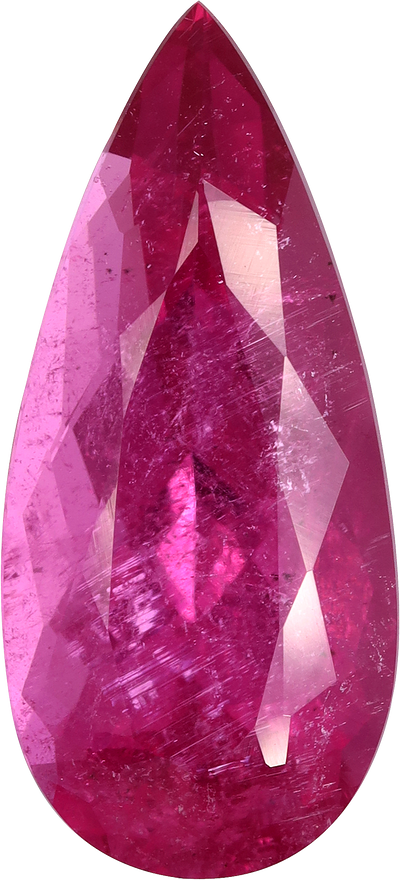 Pear cut rubellite tourmaline, 19.31 by 8.81 mm, shown at actual size