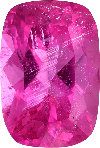 Cushion cut rubellite tourmaline, 10.63 by 7.29 mm, shown at actual size