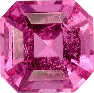 Square cut rubellite tourmaline, 6.77 by 6.7 mm, shown at actual size