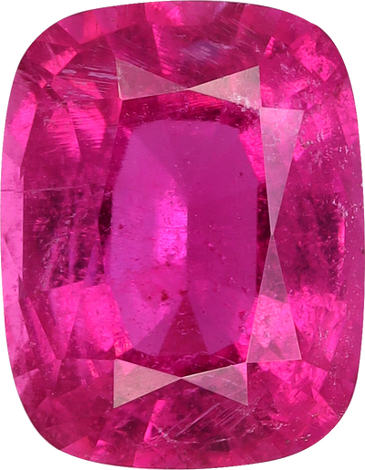 Cushion cut rubellite tourmaline, 9.28 by 7.2 mm, shown at actual size