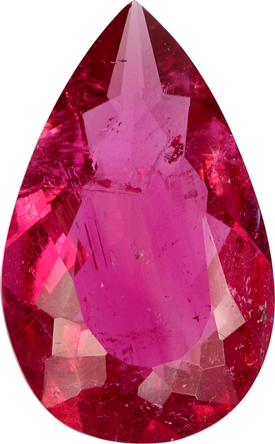 Pear cut rubellite tourmaline, 11.38 by 7 mm, shown at actual size
