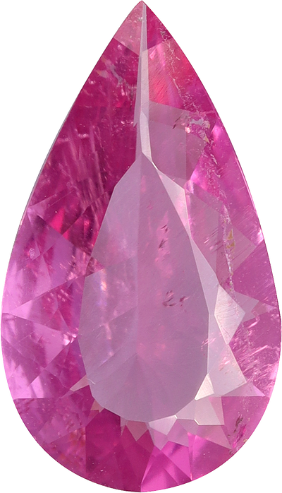 Pear cut rubellite tourmaline, 13.42 by 7.73 mm, shown at actual size