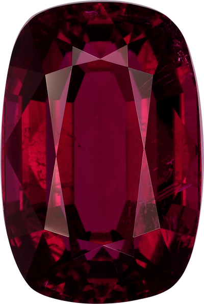 Cushion cut rubellite tourmaline, 15.65 by 10.48 mm, shown at actual size