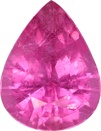 Pear cut rubellite tourmaline, 8.62 by 6.65 mm, shown at actual size