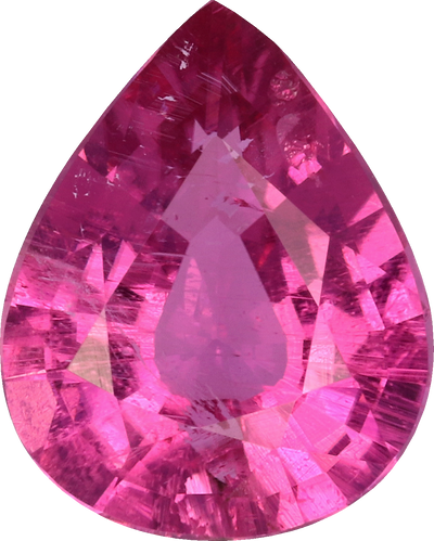 Pear cut rubellite tourmaline, 8.69 by 6.97 mm, shown at actual size