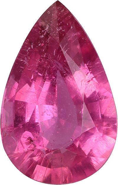 Pear cut rubellite tourmaline, 9.64 by 6.18 mm, shown at actual size