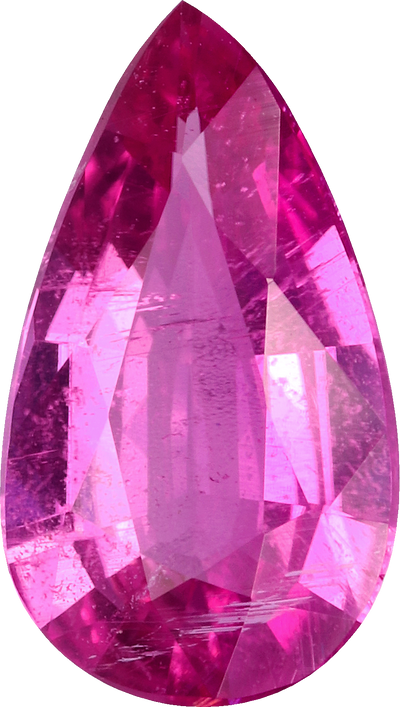 Pear cut rubellite tourmaline, 9.74 by 5.49 mm, shown at actual size