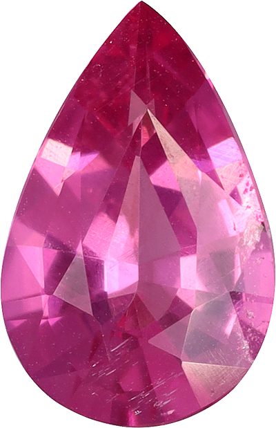 Pear cut rubellite tourmaline, 9.44 by 6.09 mm, shown at actual size