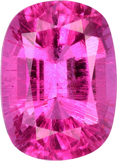 Cushion cut rubellite tourmaline, 7.1 by 5.18 mm, shown at actual size