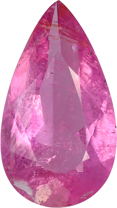 Pear cut rubellite tourmaline, 14.43 by 8.13 mm, shown at actual size