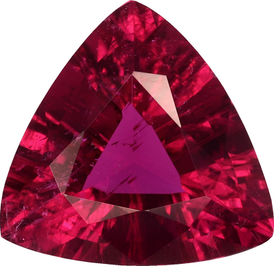 Trilliant cut rubellite tourmaline, 8.96 by 9.12 mm, shown at actual size