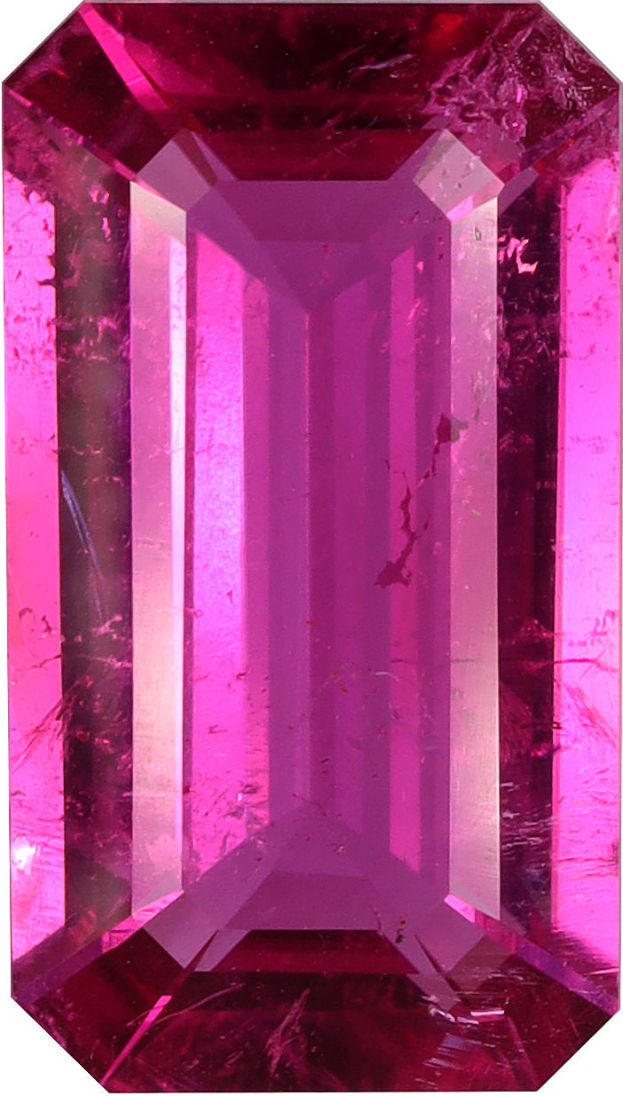 Rectangular cut rubellite tourmaline, 12.05 by 6.88 mm, shown at actual size