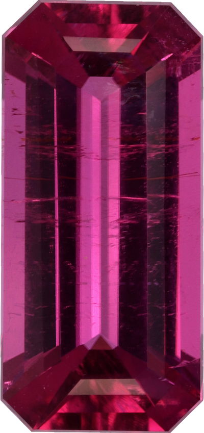 Rectangular cut rubellite tourmaline, 11.31 by 5.32 mm, shown at actual size