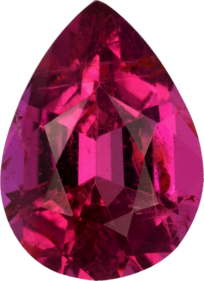 Pear cut rubellite tourmaline, 8.89 by 6.45 mm, shown at actual size