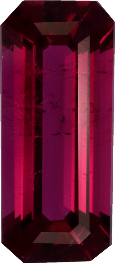Rectangular cut rubellite tourmaline, 10.19 by 4.49 mm, shown at actual size