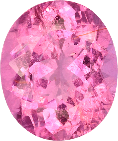 Oval cut rubellite tourmaline, 8.74 by 7.35 mm, shown at actual size