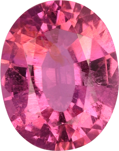 Oval cut rubellite tourmaline, 7.79 by 6.14 mm, shown at actual size