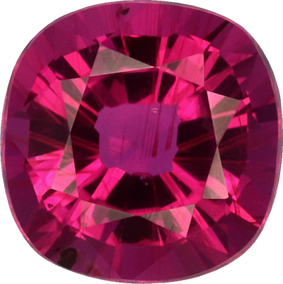 Cushion cut rubellite tourmaline, 4.81 by 4.79 mm, shown at actual size