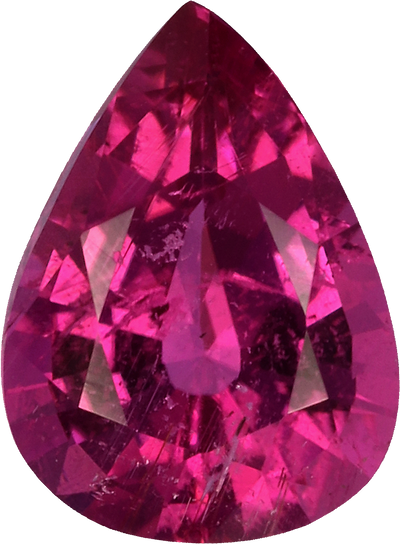 Pear cut rubellite tourmaline, 6.87 by 5.04 mm, shown at actual size