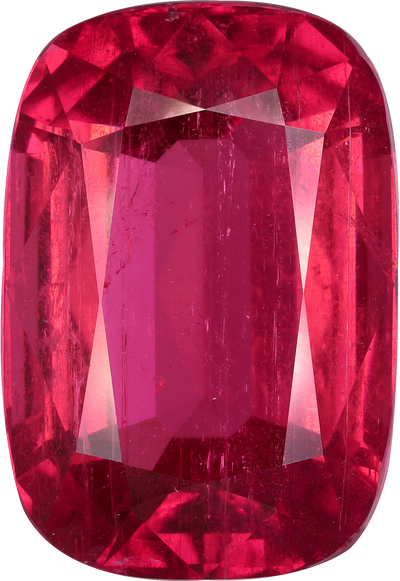 Cushion cut rubellite tourmaline, 20.95 by 14.43 mm, shown at actual size