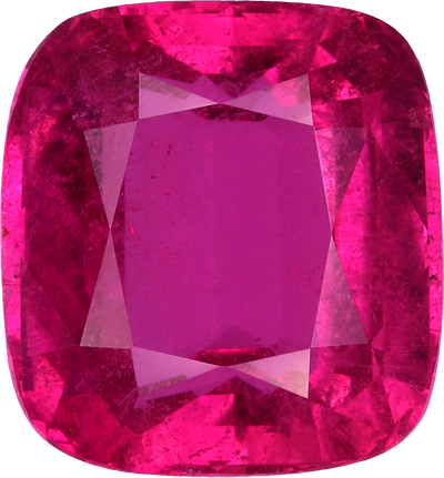 Cushion cut rubellite tourmaline, 12.28 by 11.39 mm, shown at actual size