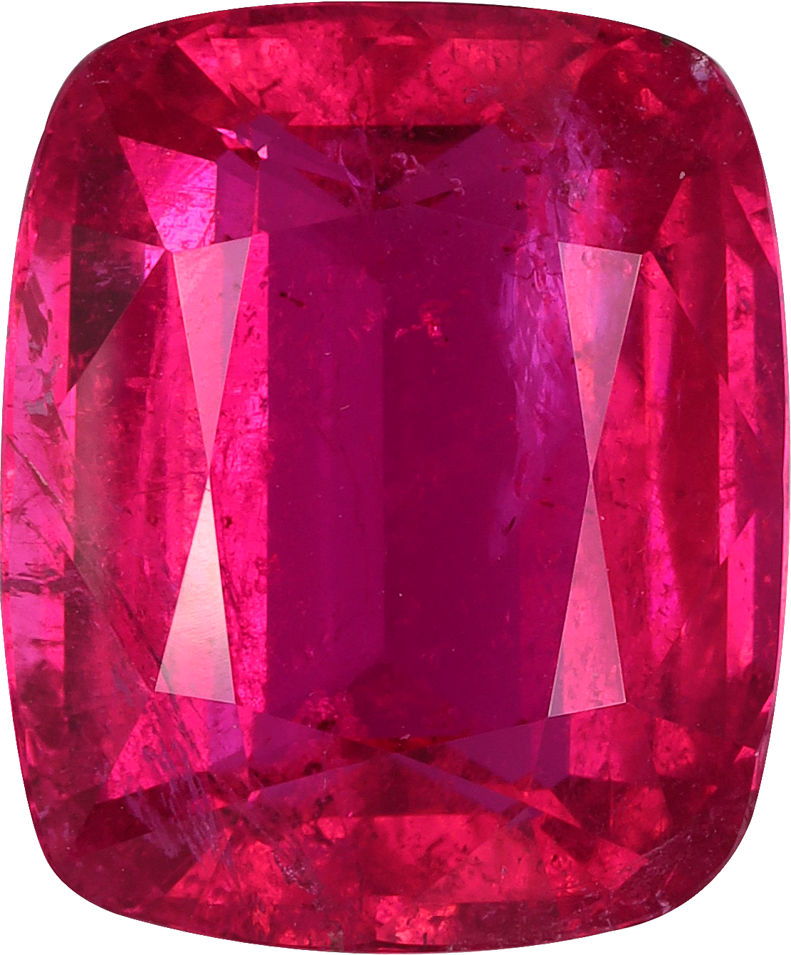 Cushion cut rubellite tourmaline, 12.94 by 10.72 mm, shown at actual size