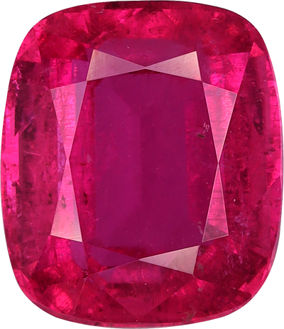 Cushion cut rubellite tourmaline, 9.48 by 8.18 mm, shown at actual size
