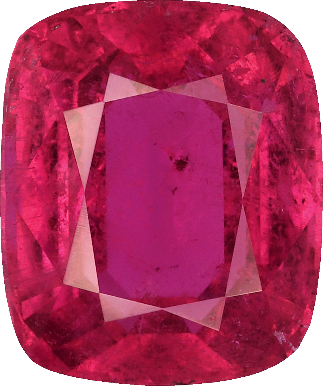 Cushion cut rubellite tourmaline, 9.98 by 8.35 mm, shown at actual size