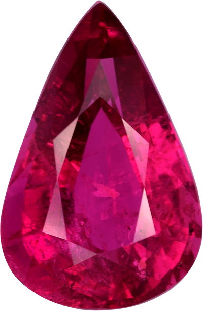 Pear cut rubellite tourmaline, 15.58 by 10.18 mm, shown at actual size