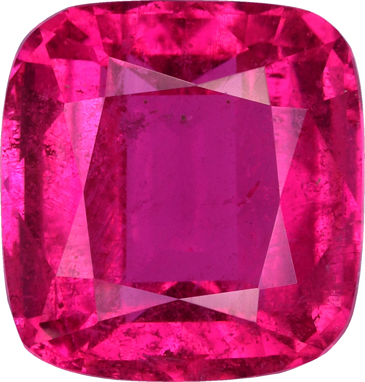 Cushion cut rubellite tourmaline, 8.35 by 7.93 mm, shown at actual size