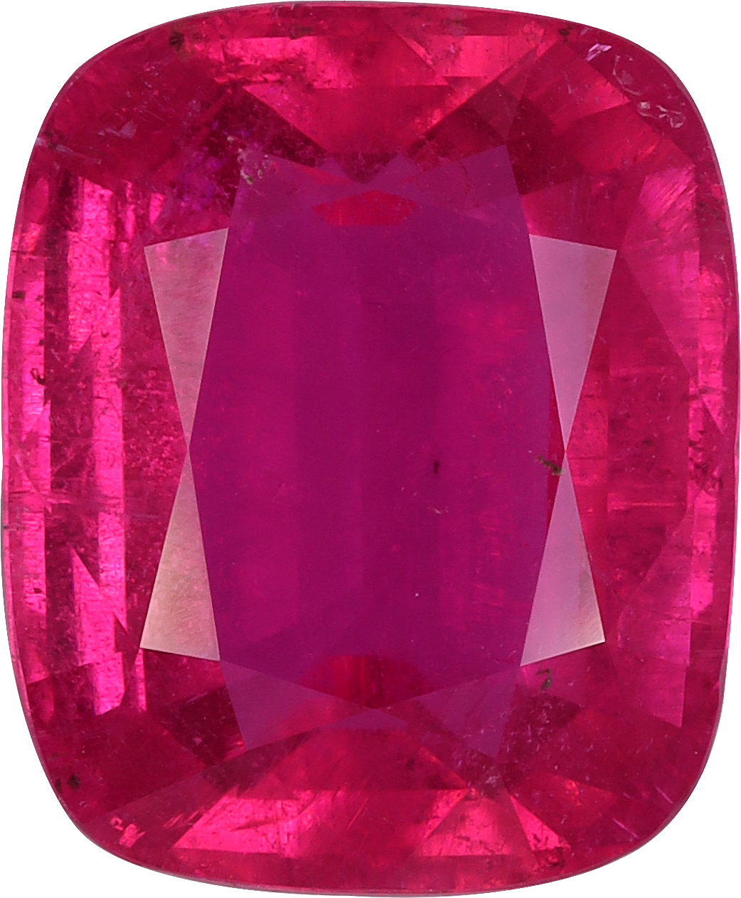 Cushion cut rubellite tourmaline, 12.35 by 10.19 mm, shown at actual size